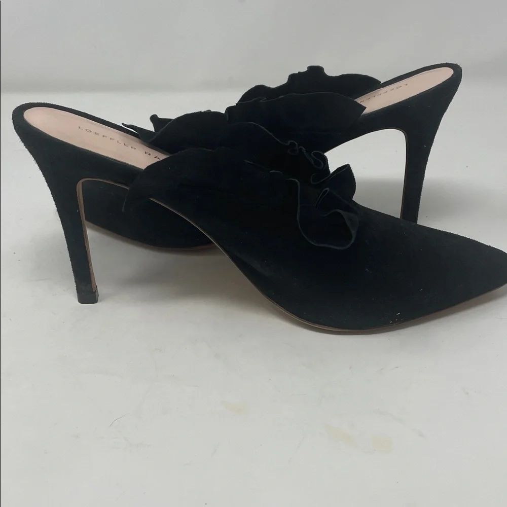 Loeffler Randall Black Suede Ruffle Heeled Mules Size 9.5 Excellent Condition